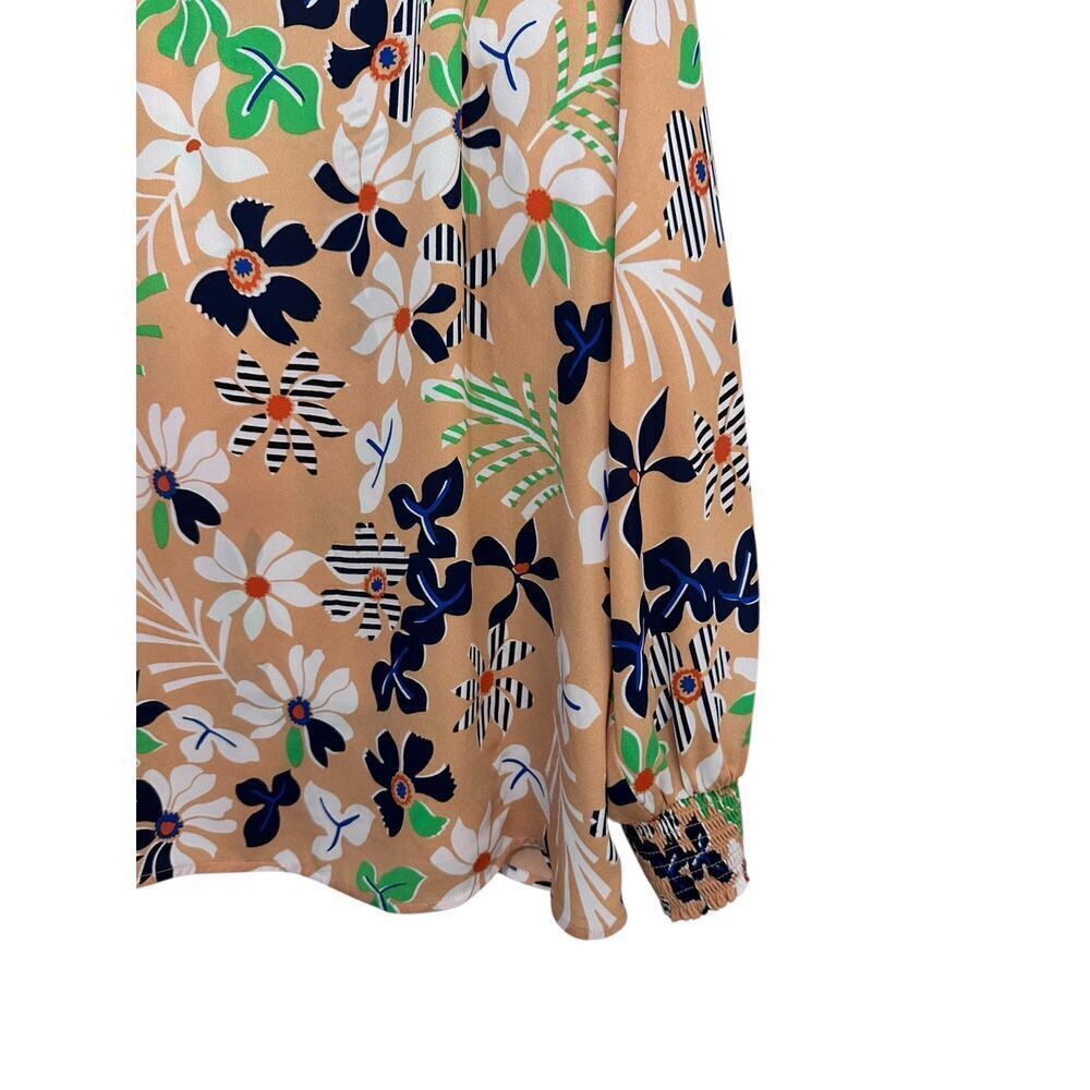 CAbi #6296 Island Tropical Floral Smocked Sleeve Split Neck Blouse Top Size L - Picture 4 of 7